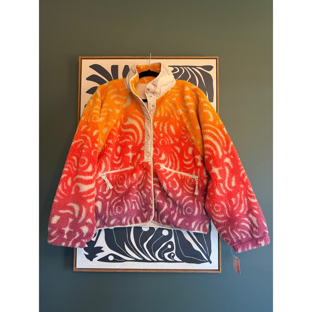 Free People FP Movement Hit The Slopes Fleece Jacket Ombre Sunset Orange Pink M